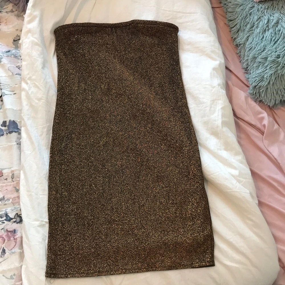 Orange glitter black strapless dress